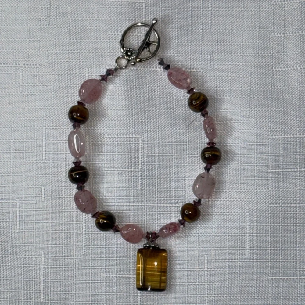 Handcrafted Strawberry Quartz, Tiger’s Eye and Swarovski Crystal Bracelet - Picture 1 of 4